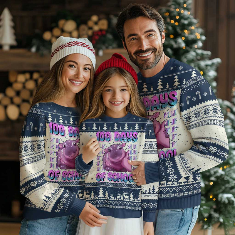 100th Day Of School Ugly Christmas Sweater Cute Moo Deng Baby Hippo 100 Days