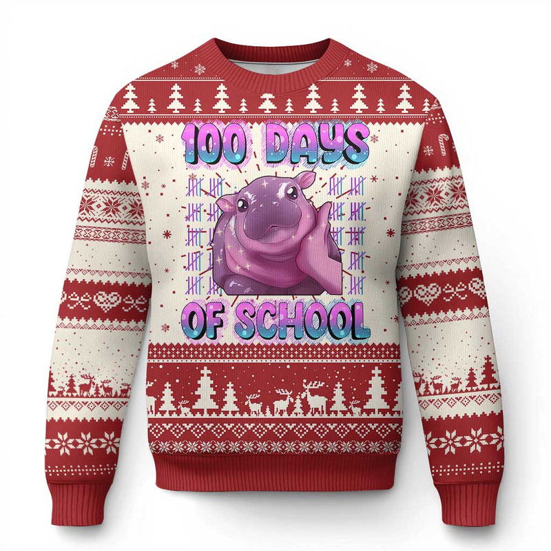 100th Day Of School Ugly Christmas Sweater Cute Moo Deng Baby Hippo 100 Days