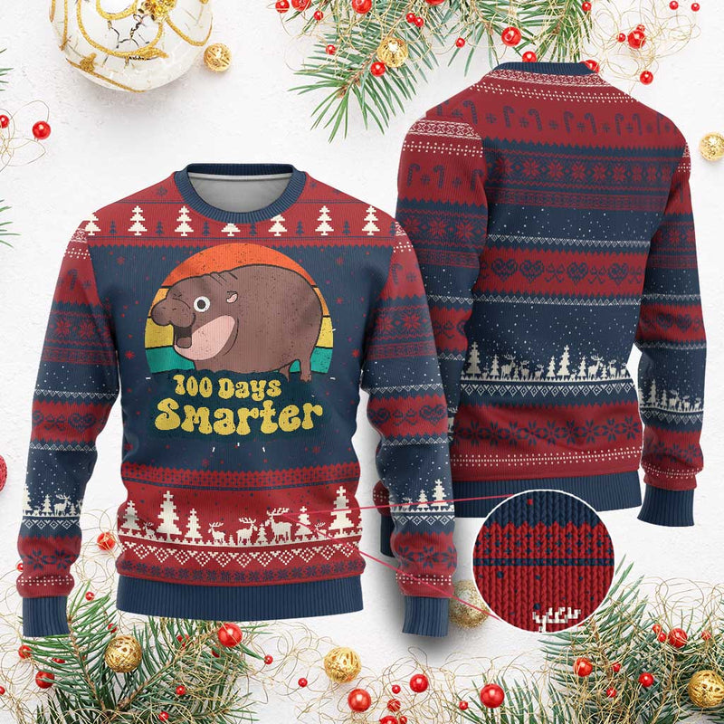 100th Day Of School Ugly Christmas Sweater Moo Deng 100 Days Smarter Retro Baby Hippo
