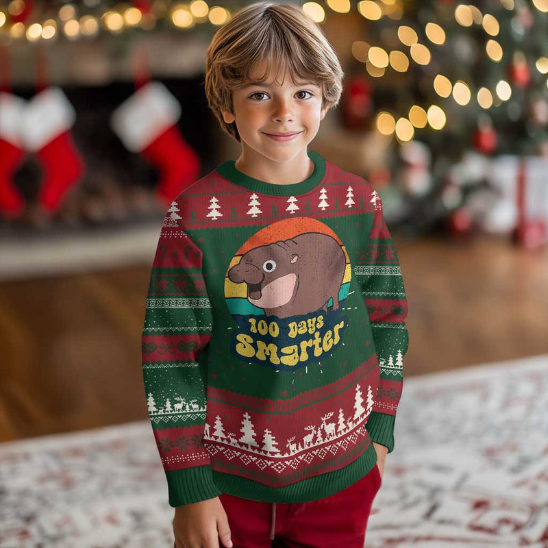 100th Day Of School Ugly Christmas Sweater Moo Deng 100 Days Smarter Retro Baby Hippo