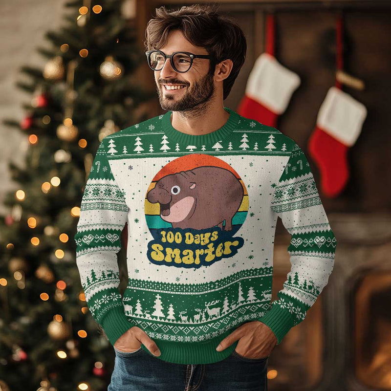 100th Day Of School Ugly Christmas Sweater Moo Deng 100 Days Smarter Retro Baby Hippo