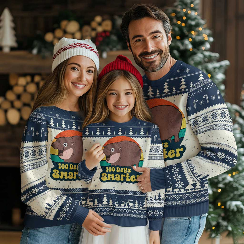 100th Day Of School Ugly Christmas Sweater Moo Deng 100 Days Smarter Retro Baby Hippo