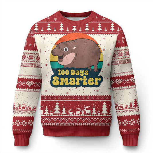 100th Day Of School Ugly Christmas Sweater Moo Deng 100 Days Smarter Retro Baby Hippo