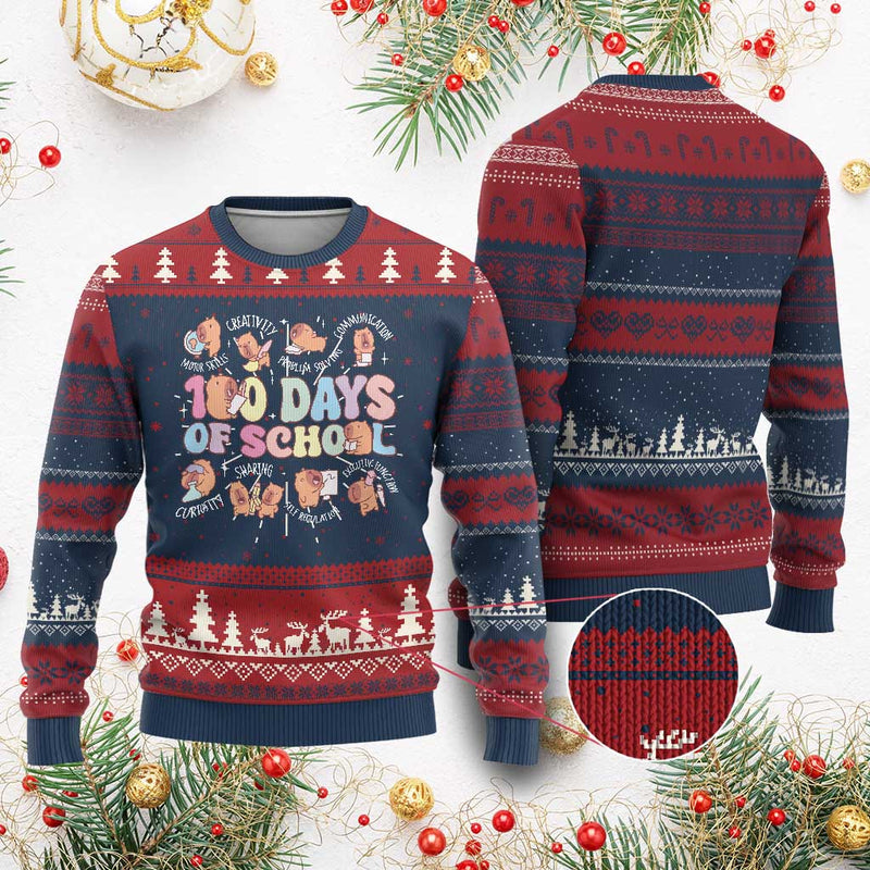 100th Day Of School Cute Capybara Ugly Christmas Sweater Motor Skills Creativity Problem Solving Communication