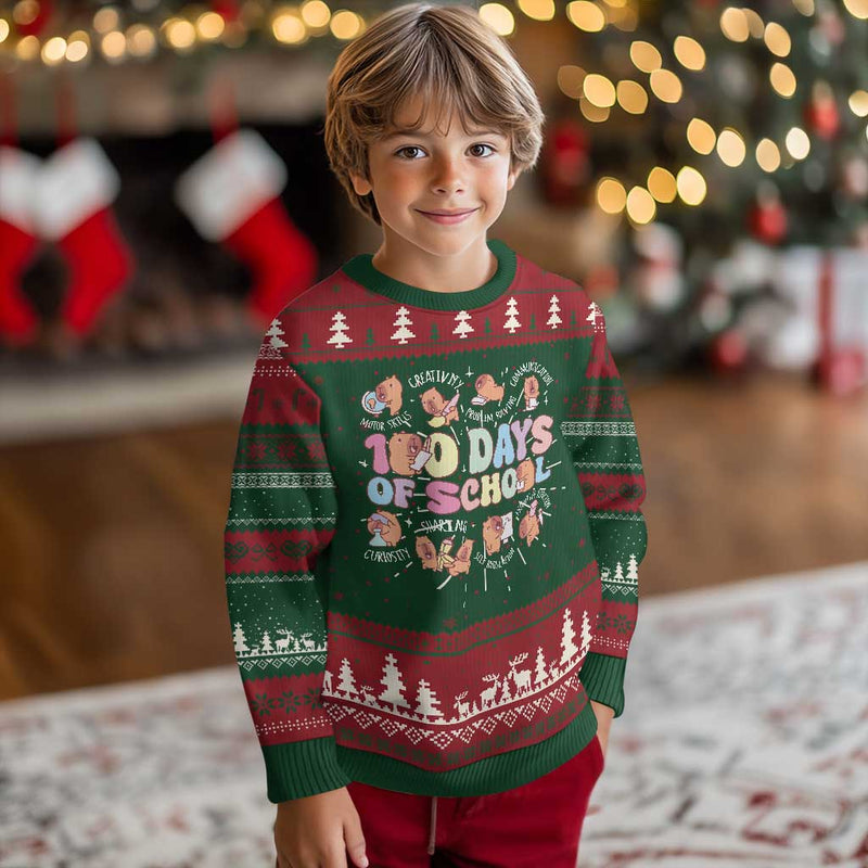 100th Day Of School Cute Capybara Ugly Christmas Sweater Motor Skills Creativity Problem Solving Communication