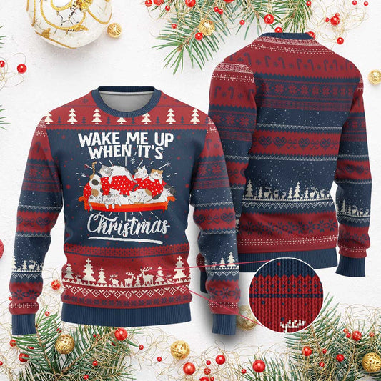 Cute Cat Wake Me Up When It&#39;s Christmas Chillin&#39; Ugly Christmas Sweater