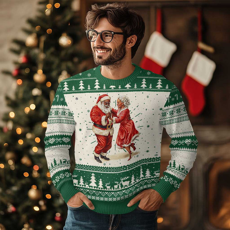 African American Xmas Ugly Christmas Sweater Black Santa Mr Mrs Claus Dancing