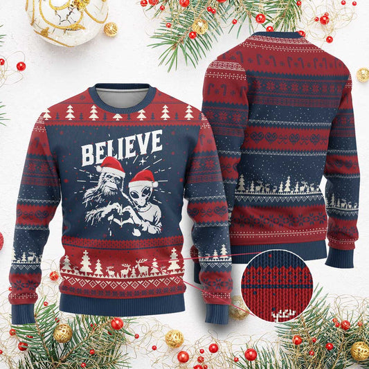 Alien And Bigfoot Ugly Christmas Sweater