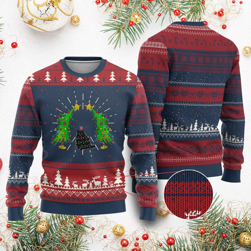Cute Cat Ugly Christmas Sweater Kitty Cat Lover Xmas Tree Lights