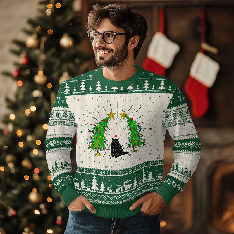 Cute Cat Ugly Christmas Sweater Kitty Cat Lover Xmas Tree Lights