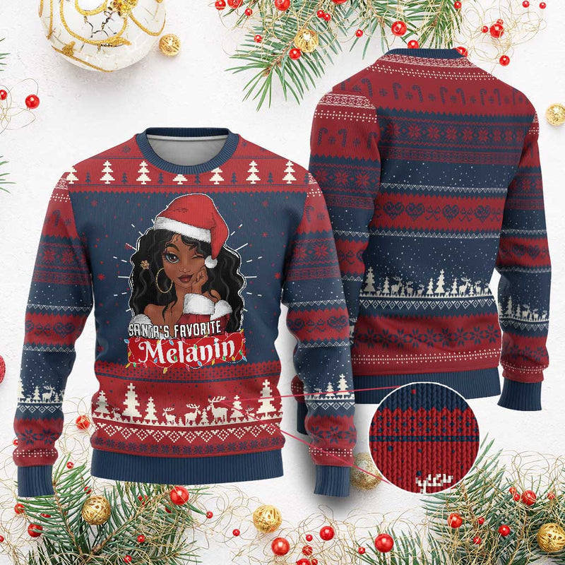 African American Xmas Ugly Christmas Sweater Santa&#39;s Favorite Melanin Santa Girl