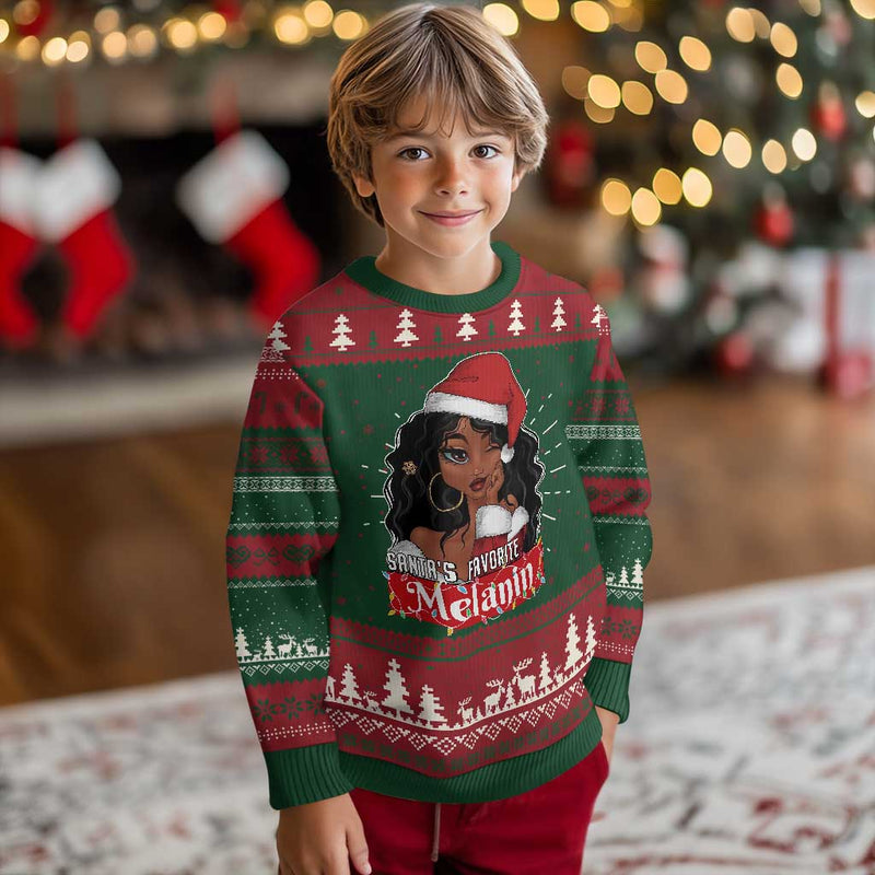 African American Xmas Ugly Christmas Sweater Santa&#39;s Favorite Melanin Santa Girl