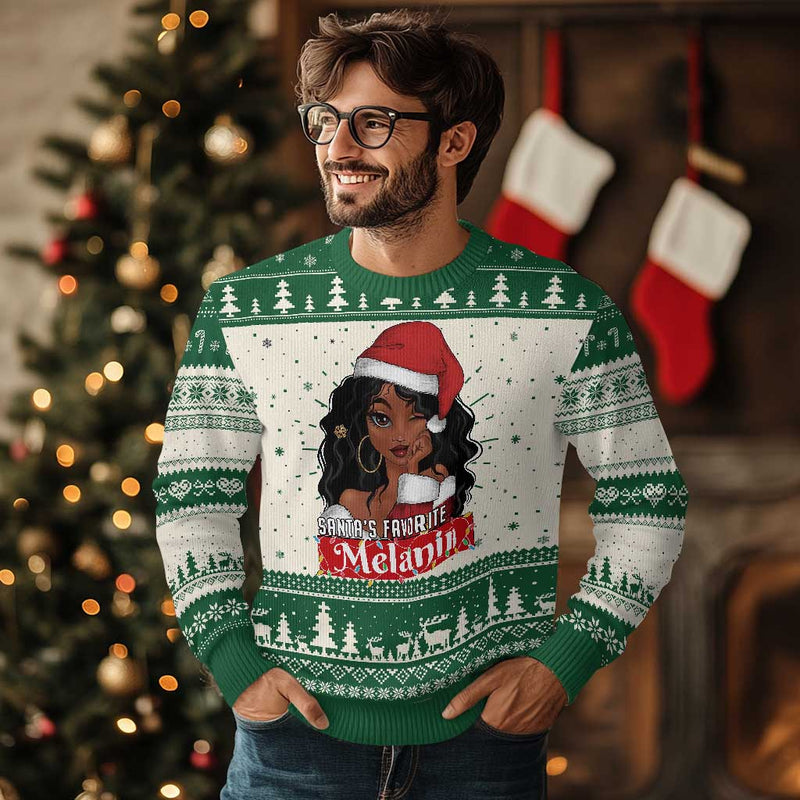 African American Xmas Ugly Christmas Sweater Santa&#39;s Favorite Melanin Santa Girl