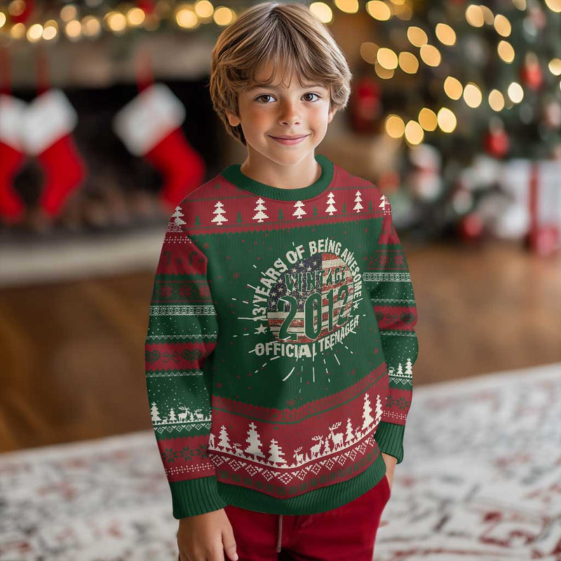13th Birthday Knitted Sweatshirt Vintage 2012 Official Teenager 13 Years Of Being Awesome American Flag