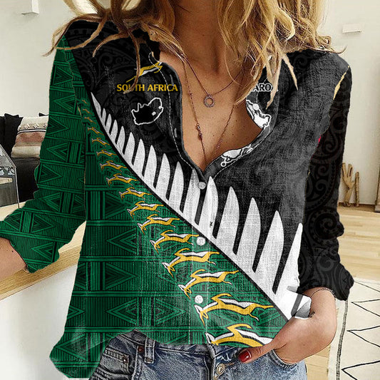 Custom South Africa and Aotearoa Rugby Springboks Black Fern Maori Vibe Women Casual Shirt