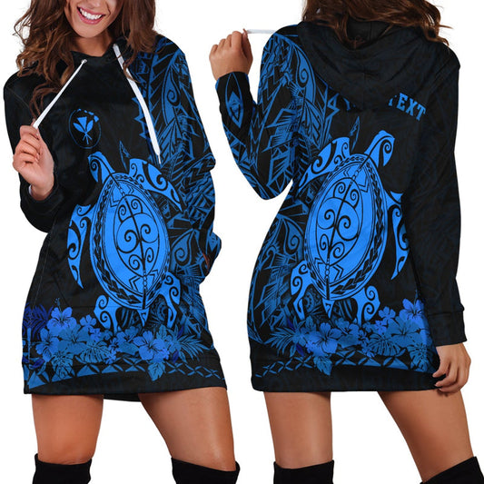 (Custom Personalised) Hawaii Polynesian Hoodie Dress Blue Sea Turtles Hawaiian