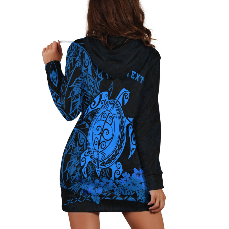 (Custom Personalised) Hawaii Polynesian Hoodie Dress Blue Sea Turtles Hawaiian