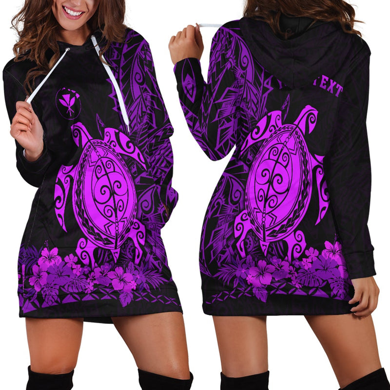 (Custom Personalised) Hawaii Polynesian Hoodie Dress Purple Sea Turtles Hawaiian