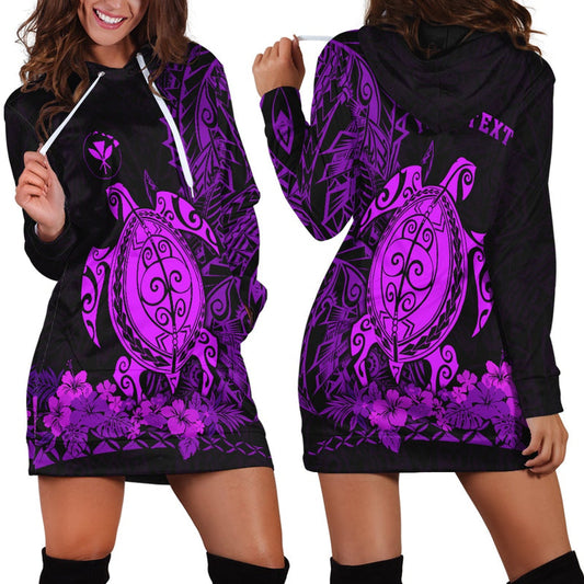 (Custom Personalised) Hawaii Polynesian Hoodie Dress Purple Sea Turtles Hawaiian